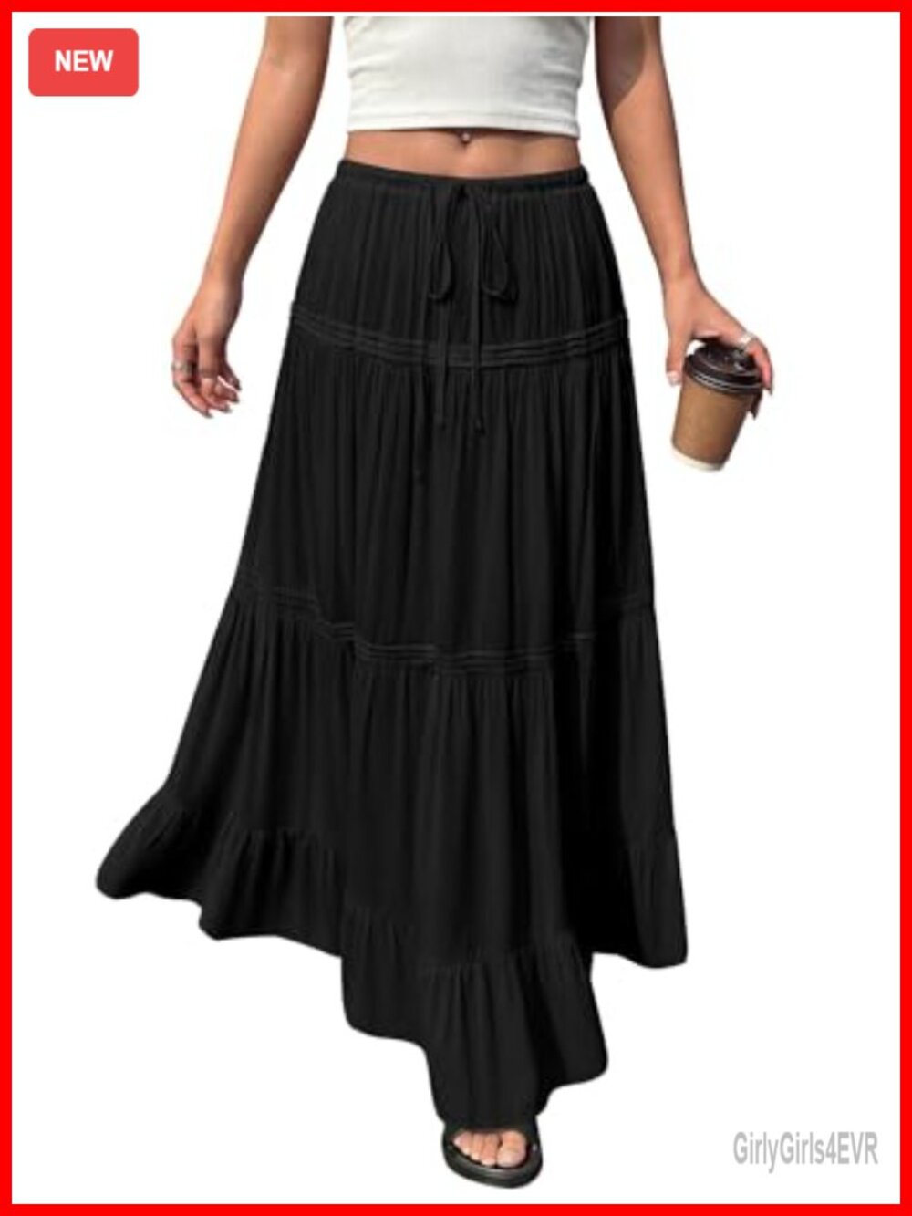 Womens Pleated High Waisted Flowy Tiered A-Line Maxi Skirt Elastic Waist